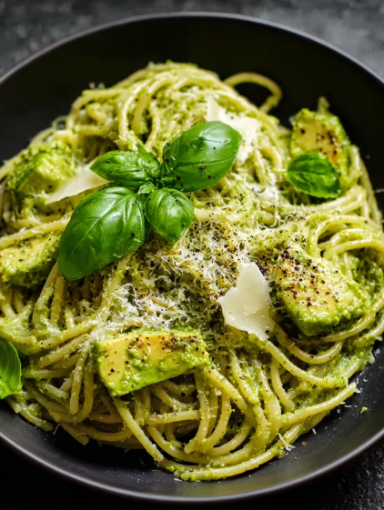 A bowl of pasta with green leaves on top.