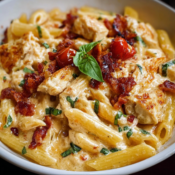 A bowl of creamy chicken parmesan pasta.