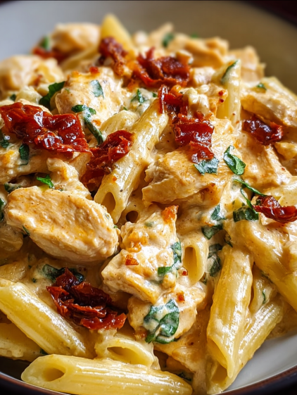 A plate of food with chicken and pasta.