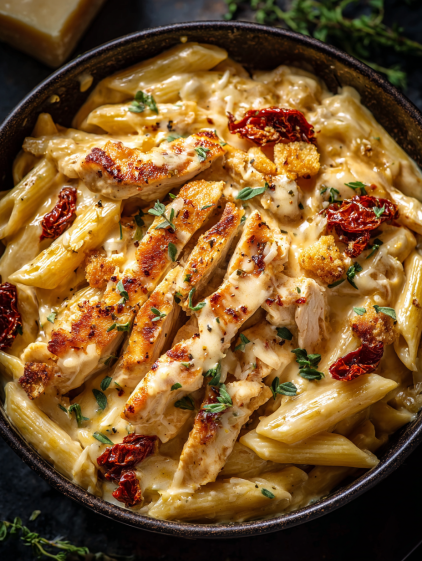 A bowl of pasta with chicken and tomatoes.