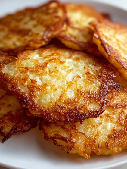 A stack of golden brown German potato pancakes.