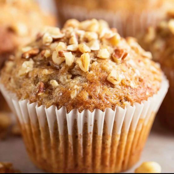 A muffin with nuts on top.