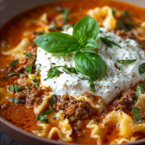A bowl of creamy lasagna soup with a dollop of sour cream on top.
