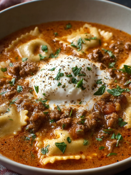 A bowl of pasta with meat and cheese.
