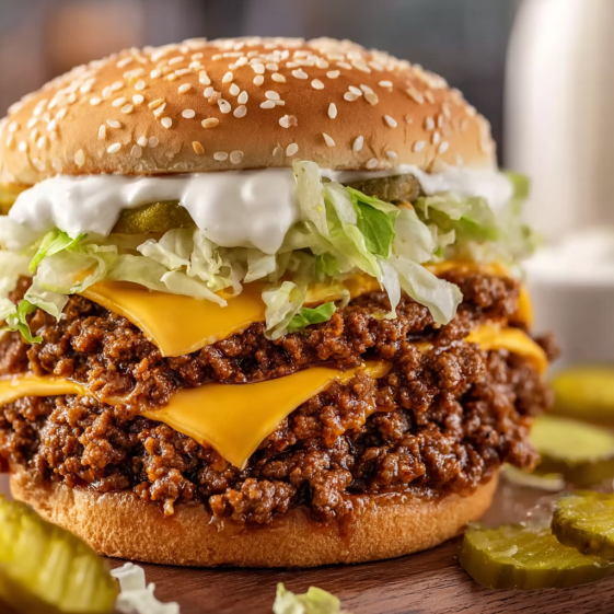 A sloppy joe sandwich with lettuce and pickles.