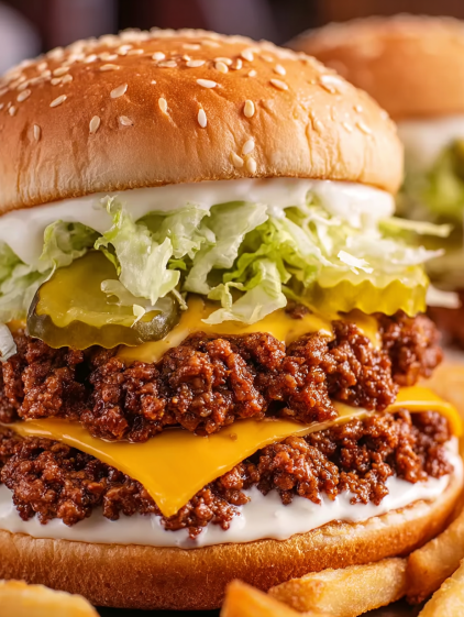 A sloppy joe sandwich with lettuce and pickles.