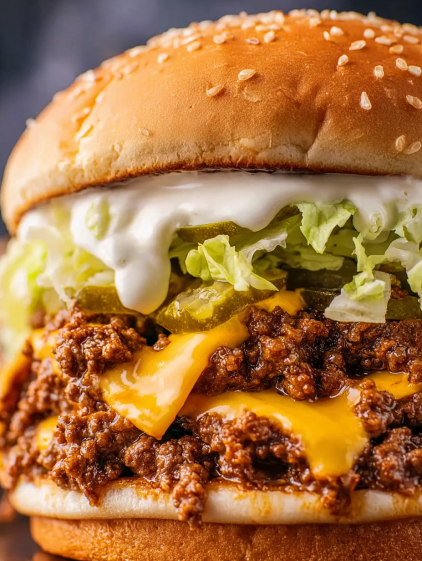 A close up of a Big Mac Sloppy Joes sandwich.