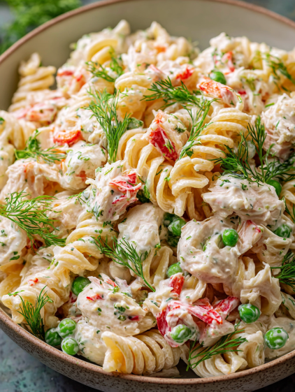A bowl of pasta with red peppers and green peas.