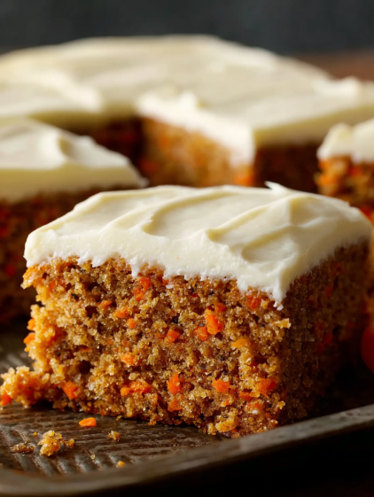 A slice of carrot cake with white frosting.