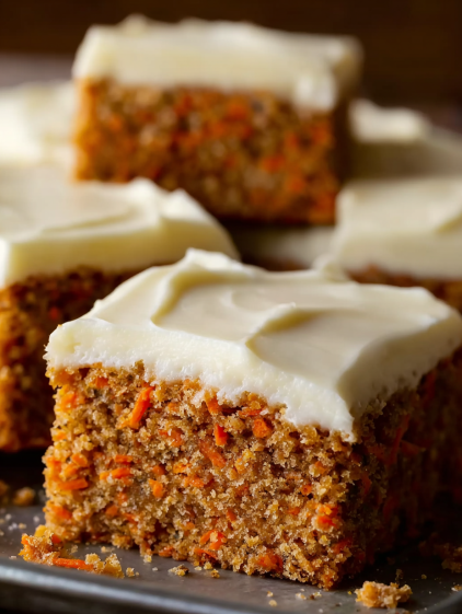 A slice of carrot cake with white frosting.