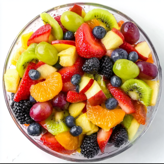A bowl of fruit salad with kiwi, strawberries, blueberries, and oranges.