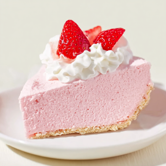 A slice of pink cake with strawberries on top.