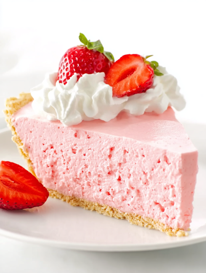 A slice of pink cake with strawberries on top.