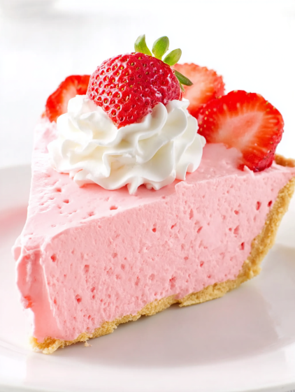 A slice of pink cake with white whipped cream and strawberries.