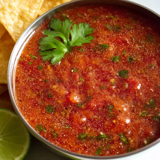 A bowl of salsa with a green garnish.