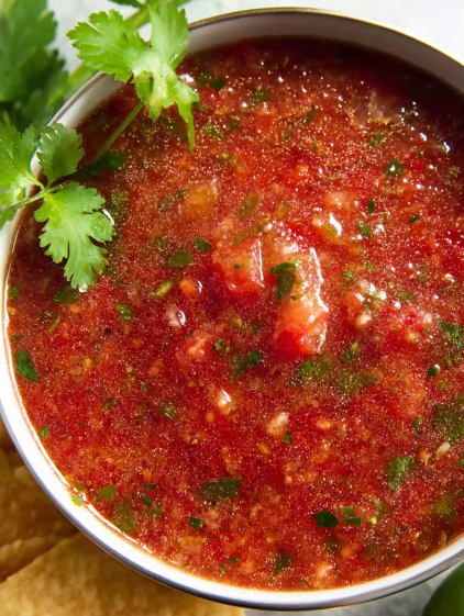 A bowl of red sauce with green herbs.