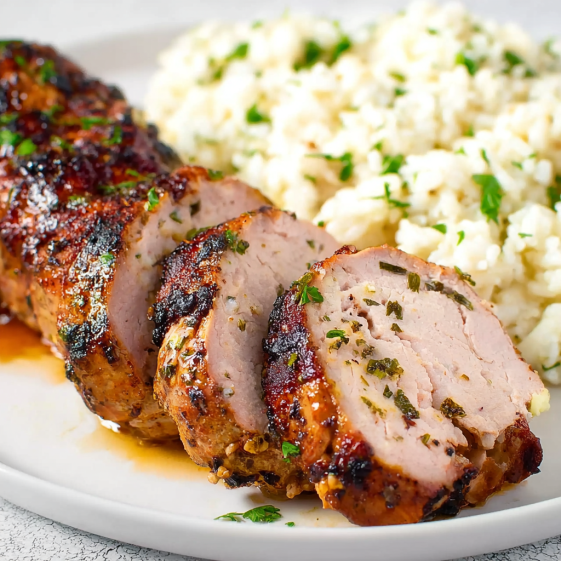 A piece of pork tenderloin is cooked in an air fryer.