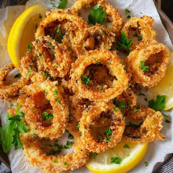 Air fryer calamari with lemon and parsley.