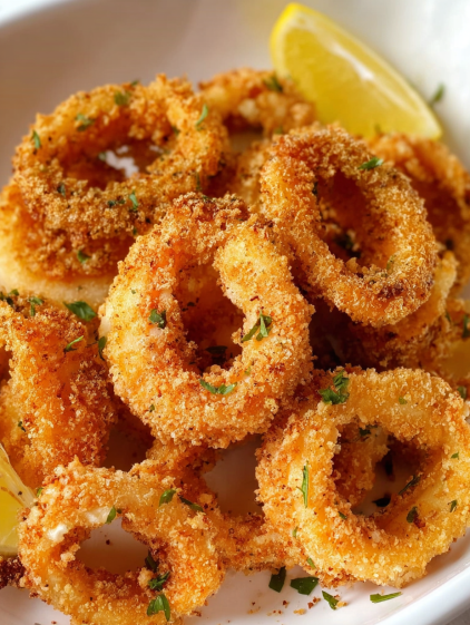 A plate of fried onion rings with lemon wedges.