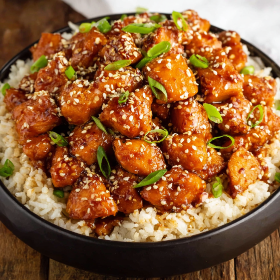 A bowl of chicken with rice and green onions.