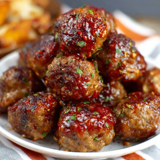 A plate of meatballs with a sauce on top.