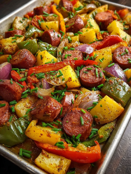A pan of food with sausage and vegetables.