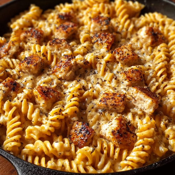 A skillet of pasta with chicken and cheese.