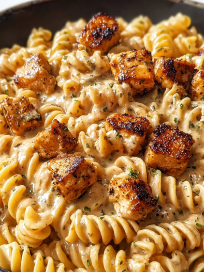 A plate of pasta with chicken and vegetables.