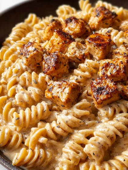 A plate of pasta with chicken and cheese.