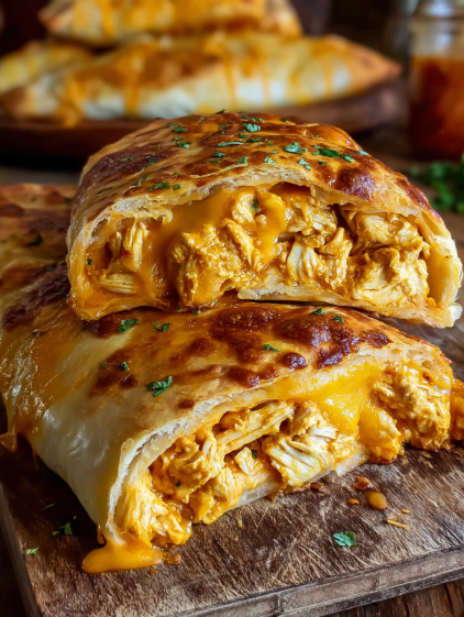 A close up of a sandwich with cheese and chicken.