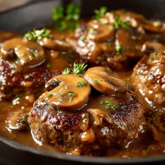 Hamburger steaks smothered in gravy.