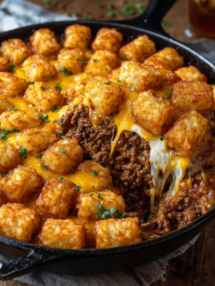 A delicious looking meal with tater tots and meat.