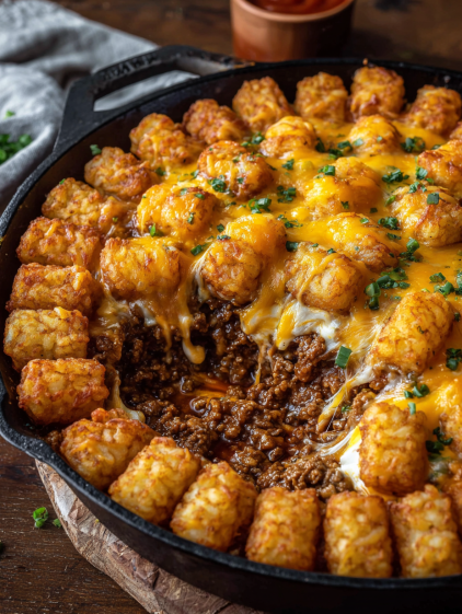 A delicious looking casserole with tater tots and meat.