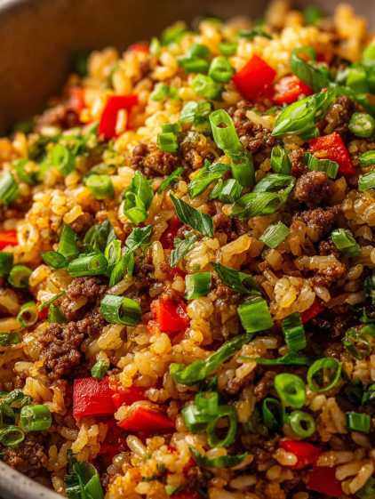 A close up of a dish of dirty rice.