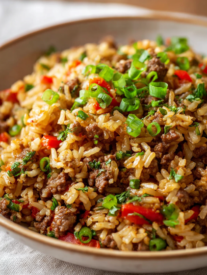 A bowl of rice with meat and vegetables.