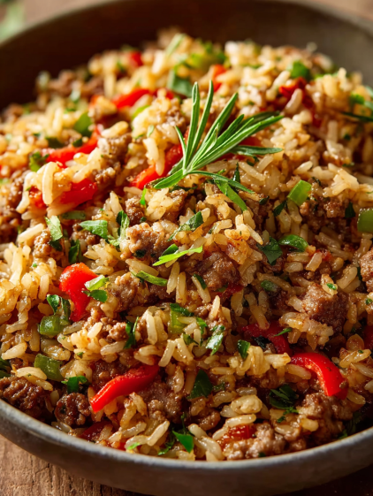 A bowl of rice with meat and vegetables.