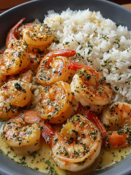 A plate of shrimp and rice with a creamy garlic butter sauce.