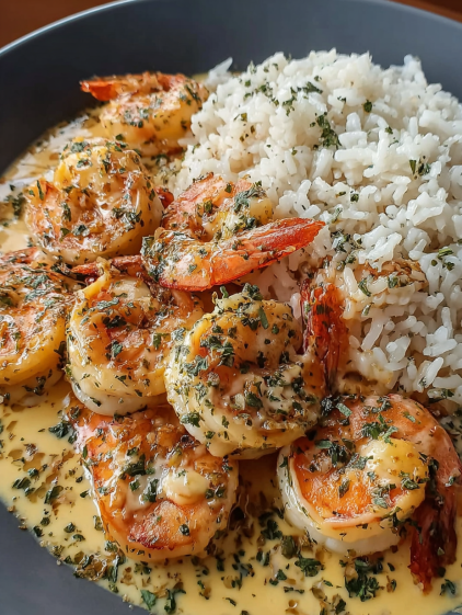 A bowl of shrimp and rice with a creamy garlic butter sauce.