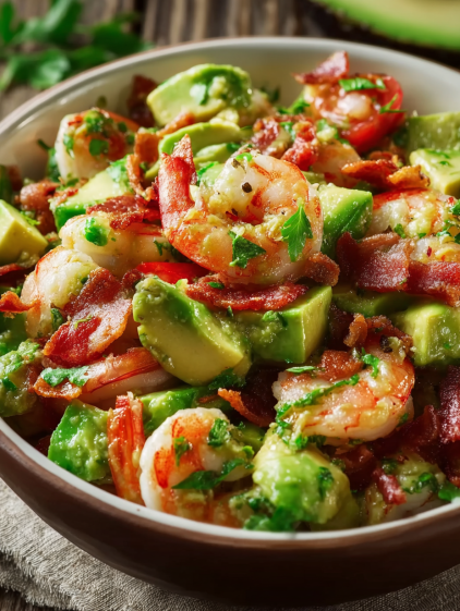 A bowl of shrimp and avocado salad.