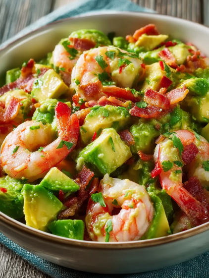A bowl of shrimp and avocado.