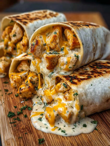 A cheesy garlic chicken wrap on a wooden table.