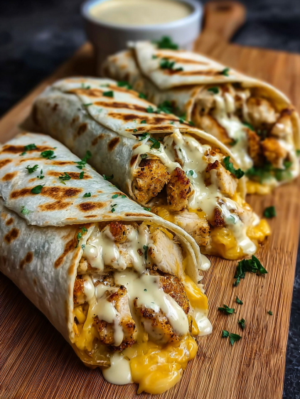 A chicken burrito with cheese and sauce.