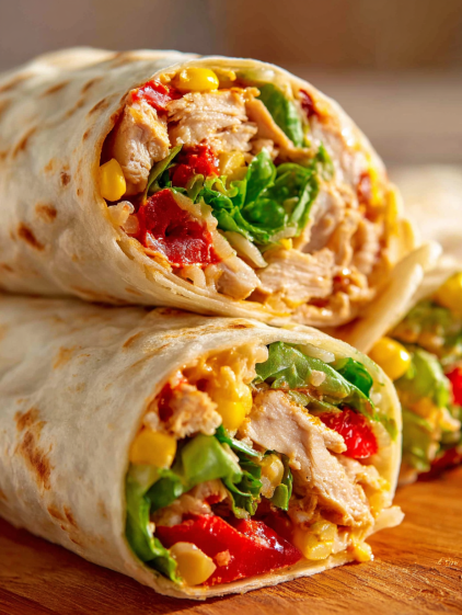 A chicken burrito with lettuce and tomatoes.