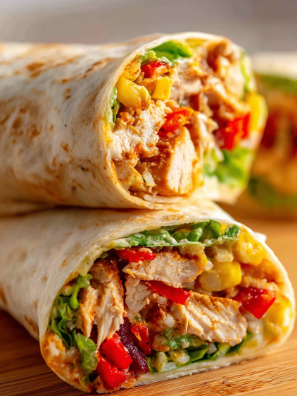 A chicken burrito with lettuce and tomatoes.