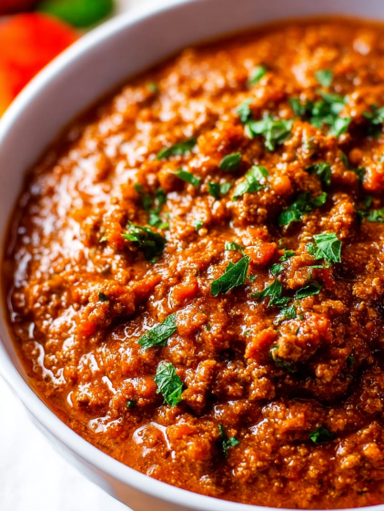A bowl of chili with green herbs on top.