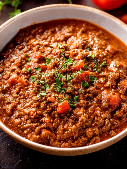 A bowl of chili with tomatoes and green onions.