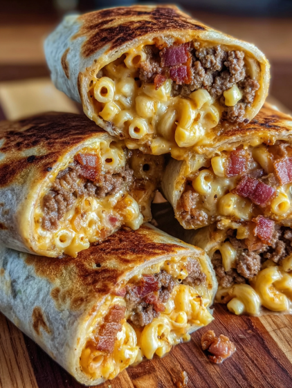 A close up of a burrito with macaroni and cheese.