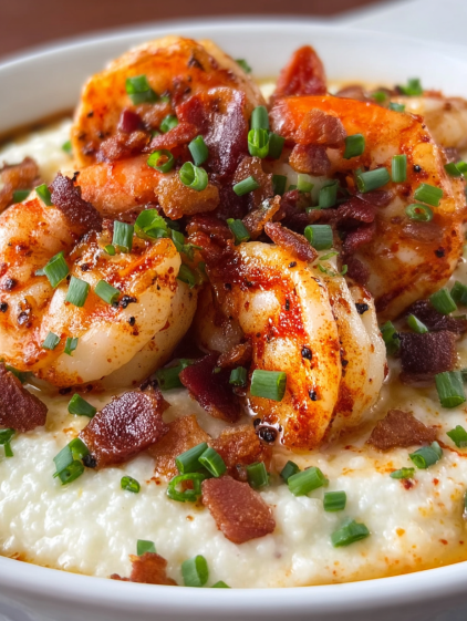 A plate of food with shrimp and bacon.