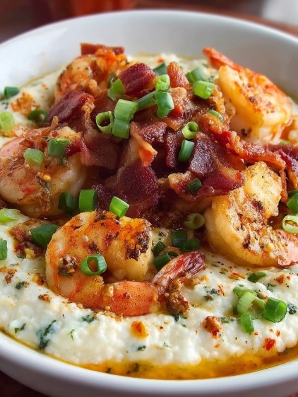 A close up of a plate of food with shrimp and bacon.