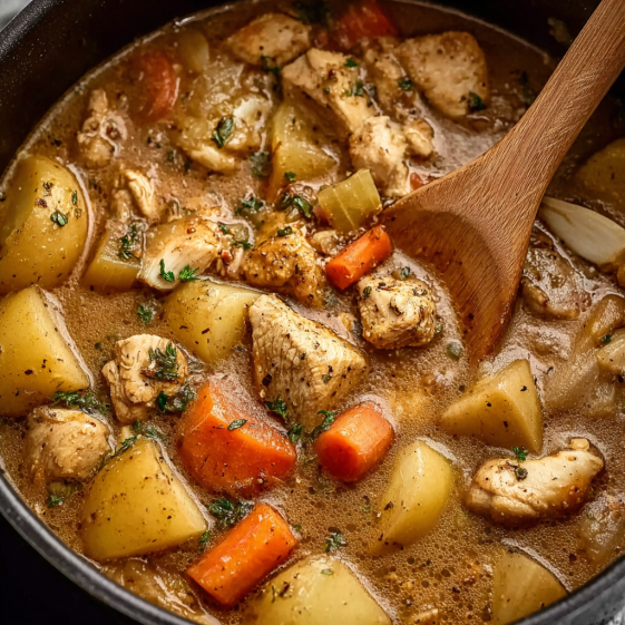 A wooden spoon in a bowl of hearty chicken stew.